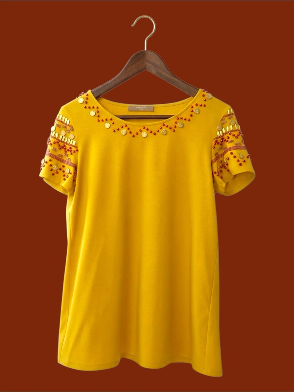 Max Mara Embellished Beaded Tee Mustard Yellow Short Sleeve Top Smal Luxury Boho
